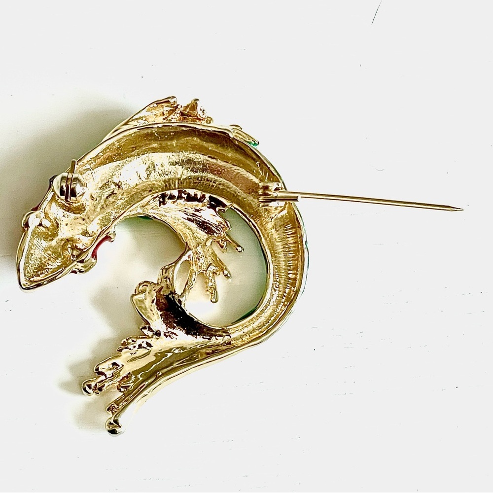 SOLD | Vintage Koi Fish Brooch Green Red Gold Enamel Rhinestone Statement Pin - Picture 9 of 11